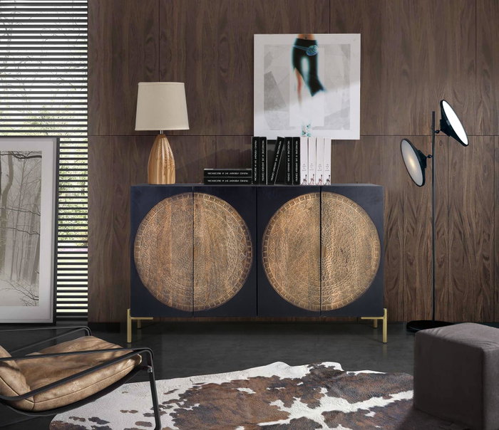 GINER Y COLOMER Buffet 4 portes en bois de manguier et métal, Nogal foncé